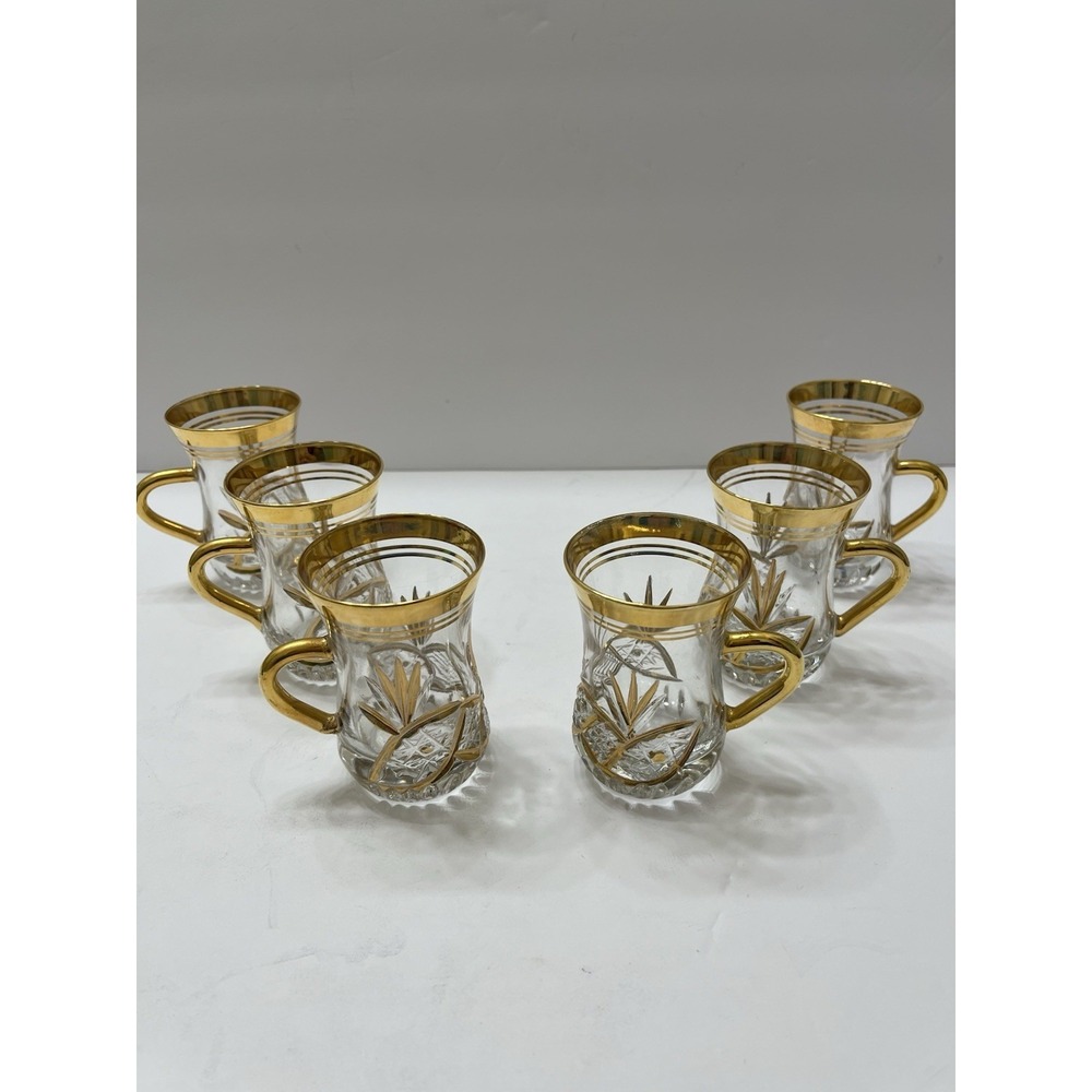 Vintage Turkish Tea Cups Etched With Gold-Plated Rims & Handles Set Of